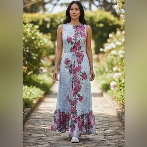 Floral Sleeveless Maxi Dress - Gray and Pink